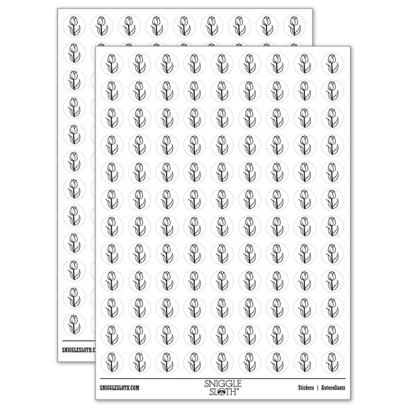 Hand Drawn Tulip Flower Doodle 200+ Round Stickers - White - Matte Finish - 0.50" Size