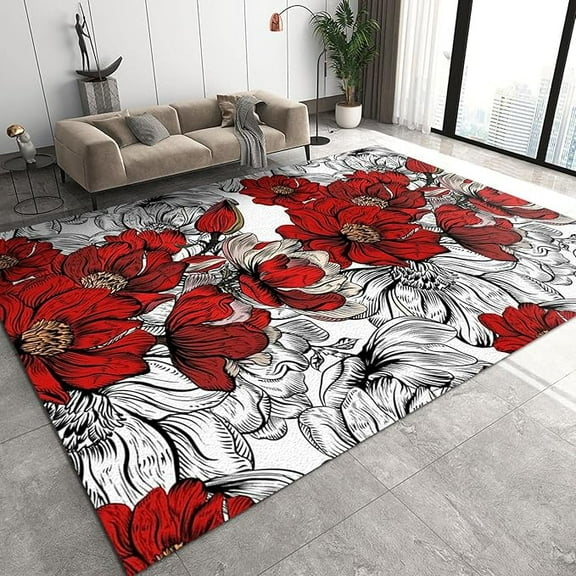 Hand Drawn Vintage Red Roses Area Rug, European Geometric Black And White Flowers Indoor Rug, With Anti-Slip Easy Clean Carpet For Living Room Bedroom Study Dining Room 5 x 6ft