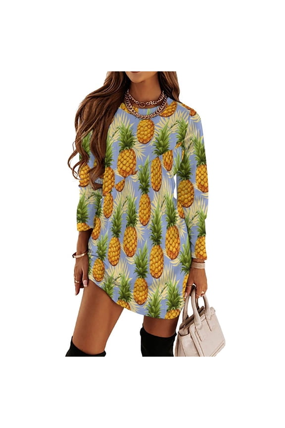 Hand Drawn Watercolor Pineapple Loose Dress Evening Dress Summer Dresses for Women Luxury Dress Long Sleeved Dress