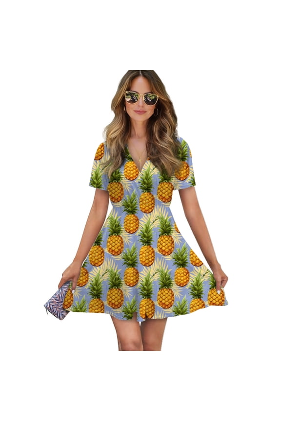 Hand Drawn Watercolor Pineapple Women Dress V-Neck Short Sleeve Flowy Swing Party Midi Dress