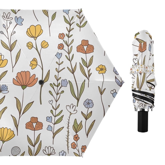 Hand Drawn Wildflowers Compact Sun Umbrella Windproof Travel Umbrellas for Rain Strong Portable UV Protection