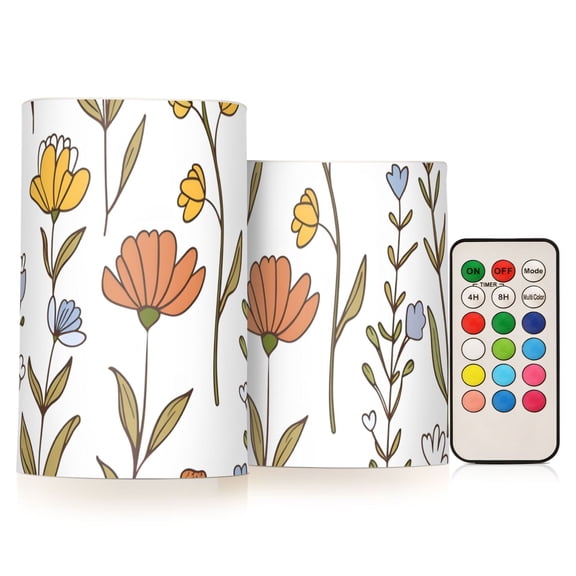 Hand Drawn Wildflowers Flickering Flameless LED Candles set of 2 Battery Operated 18-Key Remotes Timer Halloween Fall Decor D3''xH4''5''