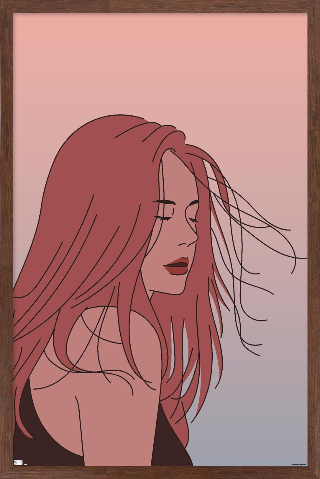 Hand Drawn Woman With Blowing Hair Wall Poster, 14.725" x 22.375" Framed