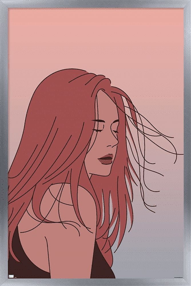 Hand Drawn Woman With Blowing Hair Wall Poster, 14.725" x 22.375" Framed