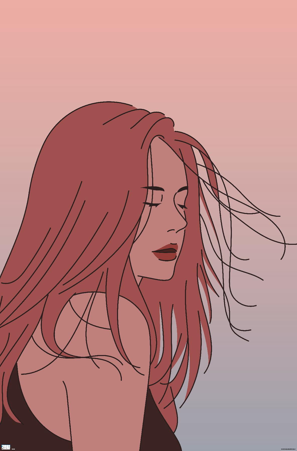 Hand Drawn Woman With Blowing Hair Wall Poster, 14.725" x 22.375"