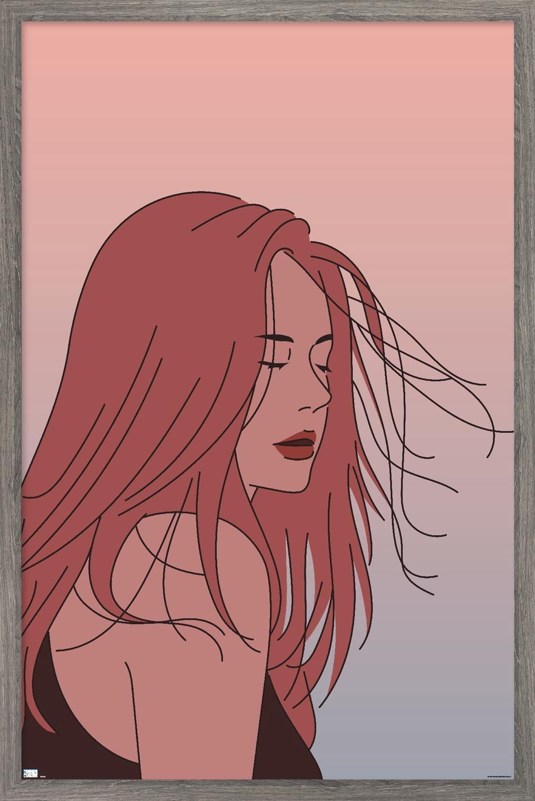 Hand Drawn Woman With Blowing Hair Wall Poster, 22.375" x 34" Framed