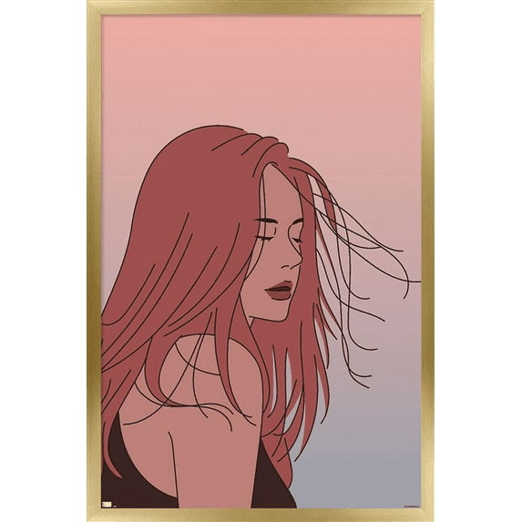 Hand Drawn Woman With Blowing Hair Wall Poster, 22.375" x 34" Framed