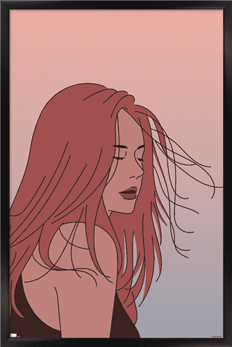 Hand Drawn Woman With Blowing Hair Wall Poster, 22.375" x 34" Framed