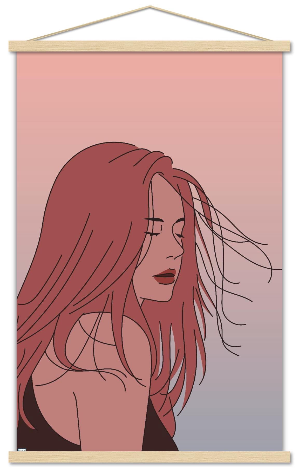 Hand Drawn Woman With Blowing Hair Wall Poster with Magnetic Frame, 22.375" x 34"