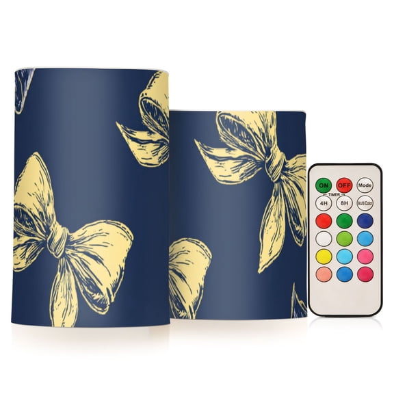 Hand Drawn Yellow Bows Flickering Flameless Candles LED Tealight Battery Operated with Remote Set of 2 Holiday Decor Ornaments