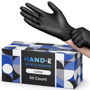 Hand-E Nitrile Black Gloves (L) 50 Count - Disposable, Black, Powder and Latex Free Gloves