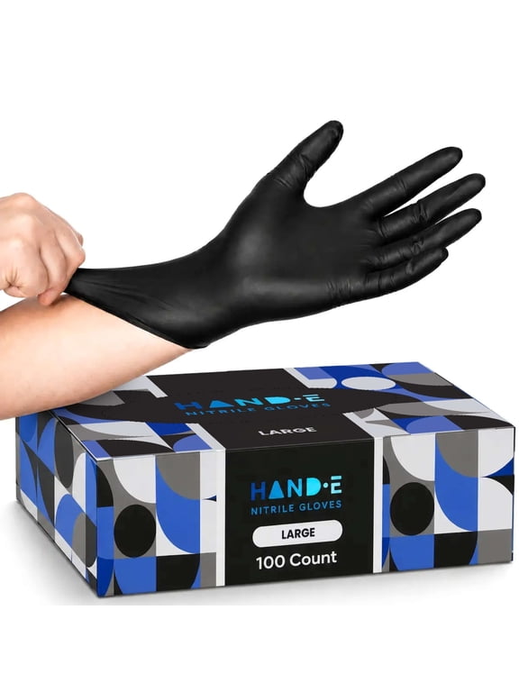 Hand-E Nitrile Gloves (Large) 100 Count - Disposable, Black, Powder and Latex Free Gloves