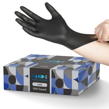 Hand-E Nitrile Gloves (Large) 100 Count - Disposable, Black, Powder and Latex Free Gloves