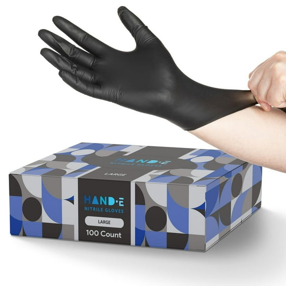 Hand-E Nitrile Gloves (Large) 100 Count - Disposable, Black, Powder and Latex Free Gloves
