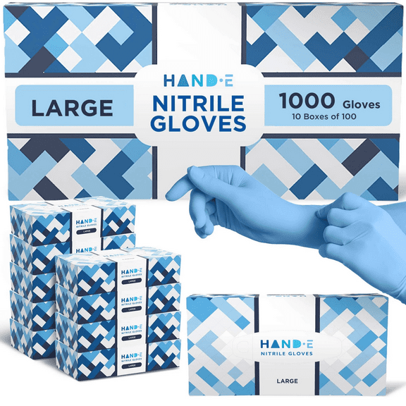 Hand-E Nitrile Gloves (Large -1000 Count) 10 Boxes, 3 Mil, Blue Disposable Latex and Powder Free Medical and Food Gloves