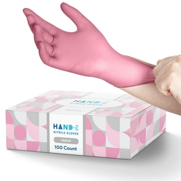 Hand-E Nitrile Gloves (M) 100 Count - Disposable, Pink, Powder and Latex Free Gloves