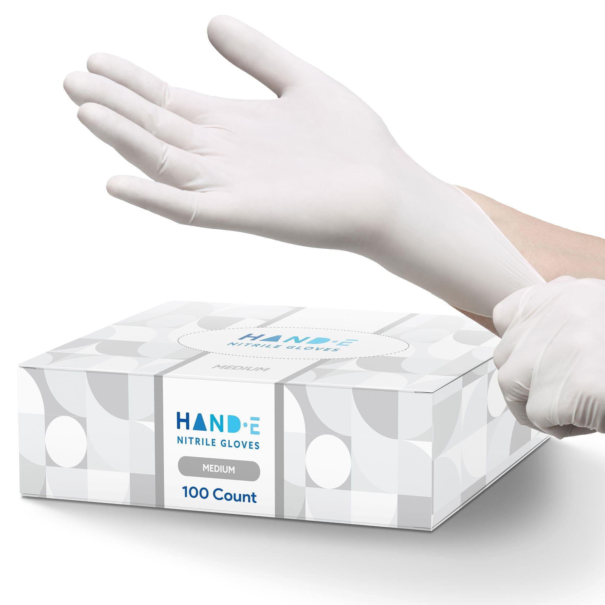 Hand-E Nitrile Gloves (M) 100 Count Disposable, White, Powder