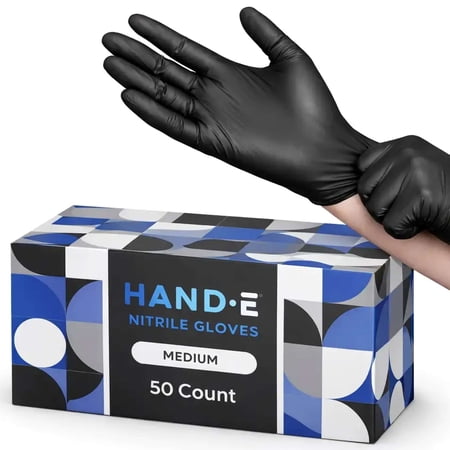 Hand-E Nitrile Black Gloves (M) 50 Count - Disposable, Black, Powder and Latex Free Gloves