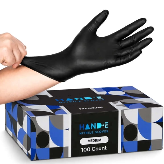 Hand-E Nitrile Gloves (Medium) 100 Count - Disposable, Black, Powder and Latex Free Gloves