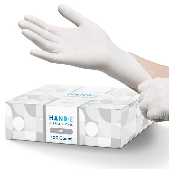 Hand-E Nitrile Gloves (S) 100 Count - Disposable, White, Powder and Latex Free Gloves