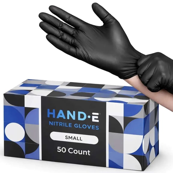 Hand-E Nitrile Black Gloves (S) 50 Count - Disposable Black Powder and Latex Free Gloves