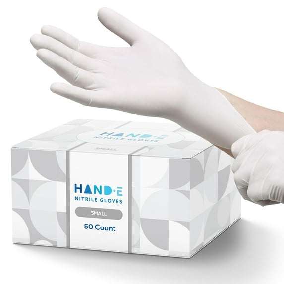 Hand-E Nitrile Gloves (S) 50 Count - Disposable, White, Powder and Latex Free Gloves