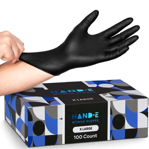 Hand-E Nitrile Gloves (X Large) 100 Count - Disposable, Black, Powder and Latex Free Gloves