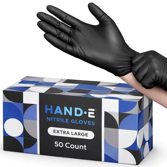 Hand-E Nitrile Black Gloves (XL) 50 Count - Disposable, Black, Powder and Latex Free Gloves