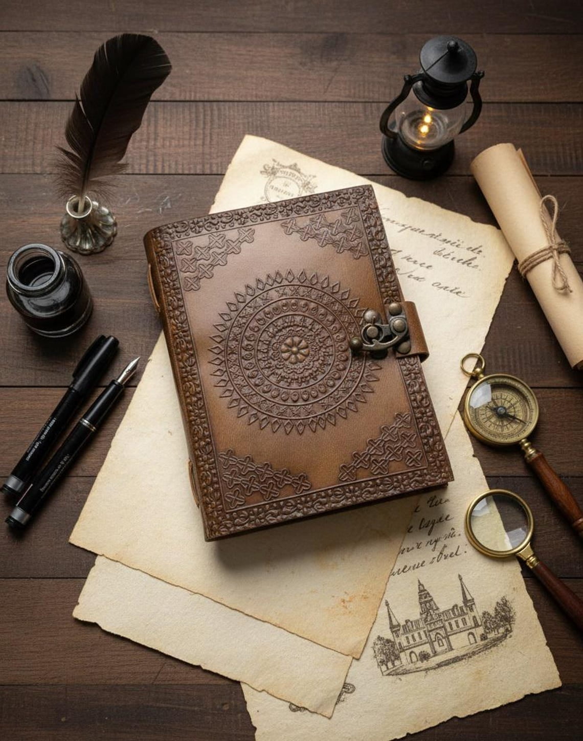 Hand Embossed Leather Journal Mandala Design with Brass Clasp, Tan Boho Notebook, Handmade Diary