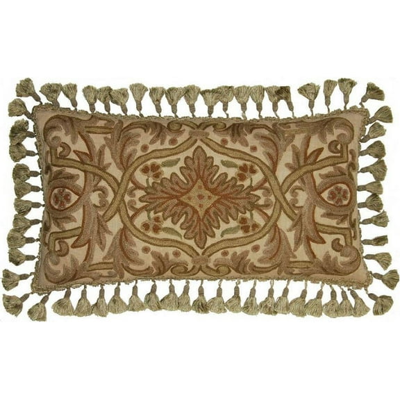 Hand-Embroidered Throw Pillow 16"x24" Brown/Beige/Tan Canvas, Flower Collage