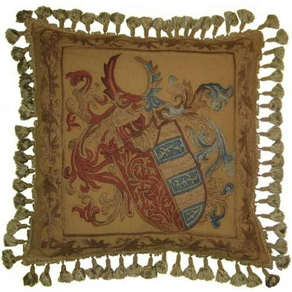 Hand-Embroidered Throw Pillow 21"x21" Heraldic Shield, Blue/Red/Beige/Brown
