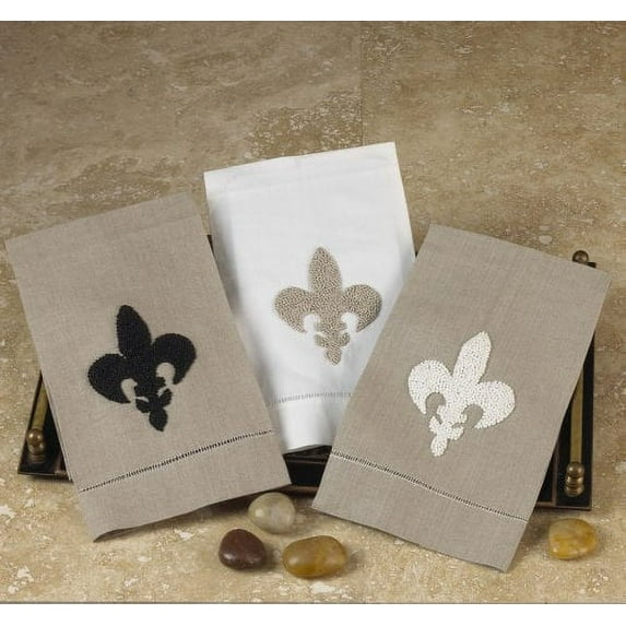 Hand Embroidered and Hemstitched Fleur-De-Lis Guest Towel. 4 Pieces. (White Towel w/ natural Fleur-De-Lis)