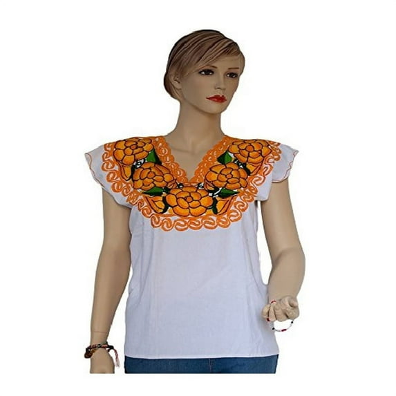 Hand Embroidery Cotton Blouse Designed by Artisan from Chiapas Mexico (White) (Cotton Cheese Cloth) (White-Orange)- 1 piece