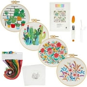 Hand Embroidery Kit, Yarn, 4 Floral Patterns, Hoops, Needles, Scissors 14 Pieces