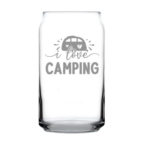 Hand Engraved 16oz Can-Shaped Pint Glass, Etched I Love Camping Design, Perfect for Outdoor Enthusiasts, Unique