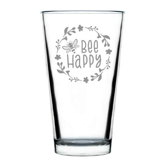 Hand Engraved 16oz Pint Glass with Bee Happy Design, Unique Etched Gift for Beekeepers, Lovely Bee Themed Drinkware