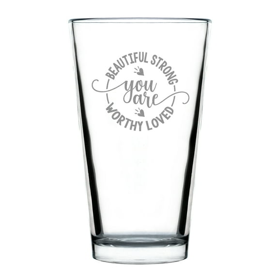 Hand Engraved 16oz Standard Pint Glass, Beautiful Strong Worthy Loved Design, Perfect for s and Daily Use