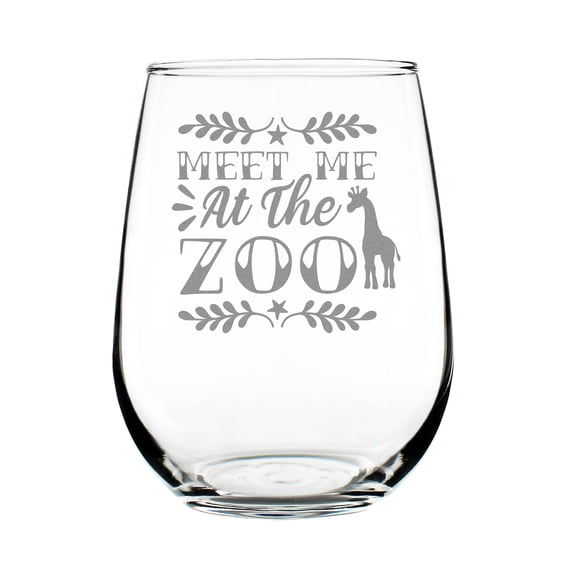 Hand Engraved 17oz Stemless Wine Glass, Etched Meet Me at the Zoo Design, Cute Giraffe Animal Lover Gift