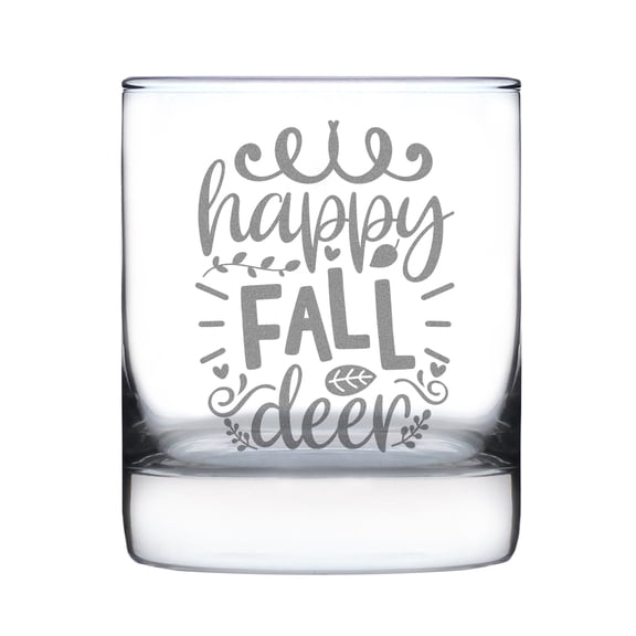 Hand Engraved Happy Fall Deer Rocks Glass, Etched 10oz Glass for Autumn, Lovers Gift, Decor, Rustic Home Barware, Unique Gift
