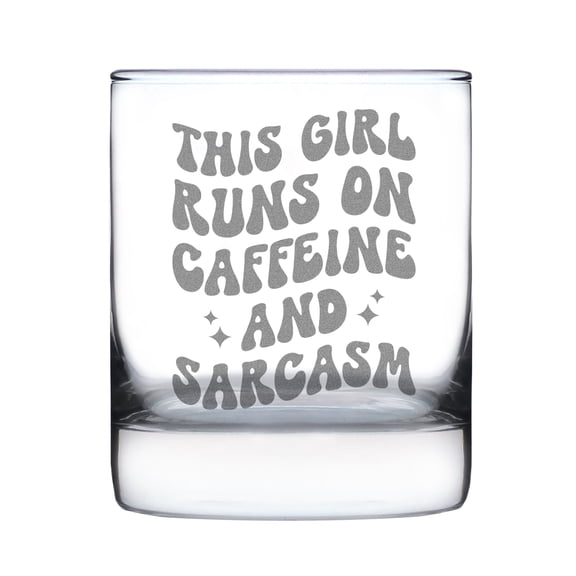 Hand Engraved Rocks Glass, 10oz Etched Glass Cup, Funny Gift for Her, Caffeine and Sarcasm, Unique Drinking Custom Barware