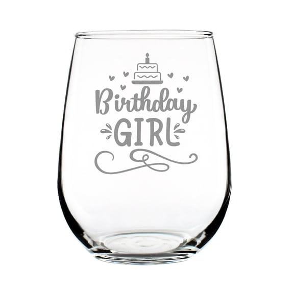 Hand Engraved Stemless Wine Glass Birthday Girl, Etched for Her, 17oz Glass, Celebration