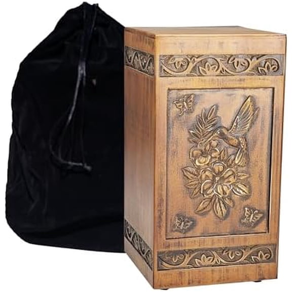Hand-Engraved Wooden Urn | Adult Cremation Urn | Hummingbird Design | 250 Cubic Inches | Includes Black Satin Bag$$Home Decor, Kitchen, & Other