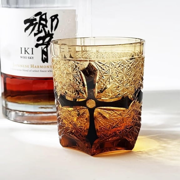Hand Engraving Yellow Cross Pattern Whisky Glass Cup Kiriko 9oz