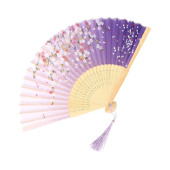 Hand Fans for Women Foldable, 8 in Bamboo Frame, Cherry Blossom Print, Lavender Tassel, Large Hand Fans for Dance, Summer Cooling, 1 Pc