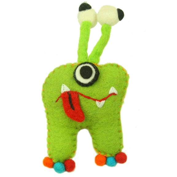 Hand Felted Green Tooth Monster with Bug Eyes Global Groove
