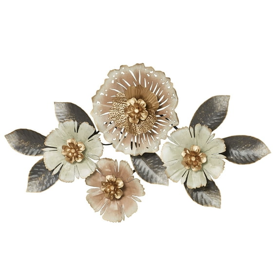 Hand-Finished Blush and Ivory Floral Rhapsody Metal Wall Sculpture