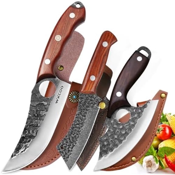 Hand Forged 3-Piece Knife Set High Carbon SteelKitchen Knives Meat Boning Cleaver Cheese Knife Professional Butcher Hunting Fish Fruit Viking Knife with Sheath for Hiking, Camping, Fishing, BBQ
