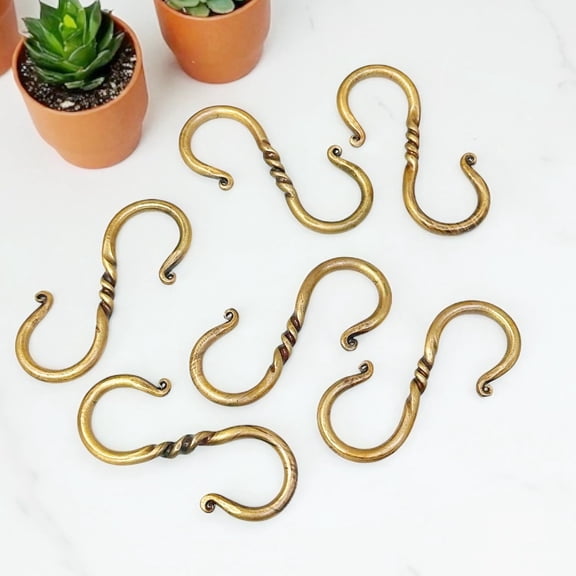 Hand Forged Antique Brass Twisted S Hook Set of 6 Pcs, Handmade Heavy Duty Hanging S Hook 3.50 Inch for Hanging Plants, Pots, Coffee Mugs, Garage, Curtain Use Kitchen Utensil Hooks