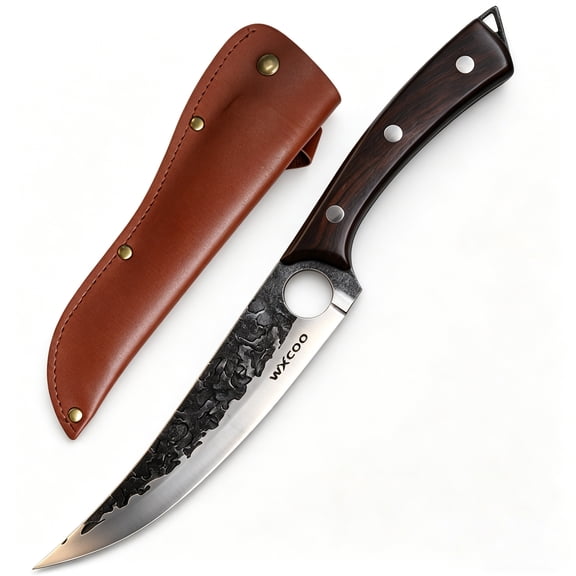 Hand Forged Boning Knife with Brown Wood Handle, High Carbon Steel Butcher Knife with Leather Sheath, Ultra Sharp Full Tang Meat Cleaver for Kitchen & Outdoor Use