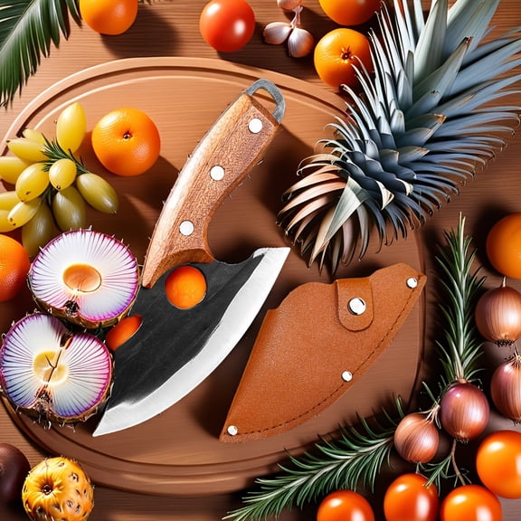 Hand-Forged Boning Knife & Meat Chopper - 301 Stainless Blade, Full-Tang - Damascus-Like Look (No Damascus) - Comes with Sheath & Sharpening Stone - Heavy-Duty for Camping, BBQ, Home Cooking